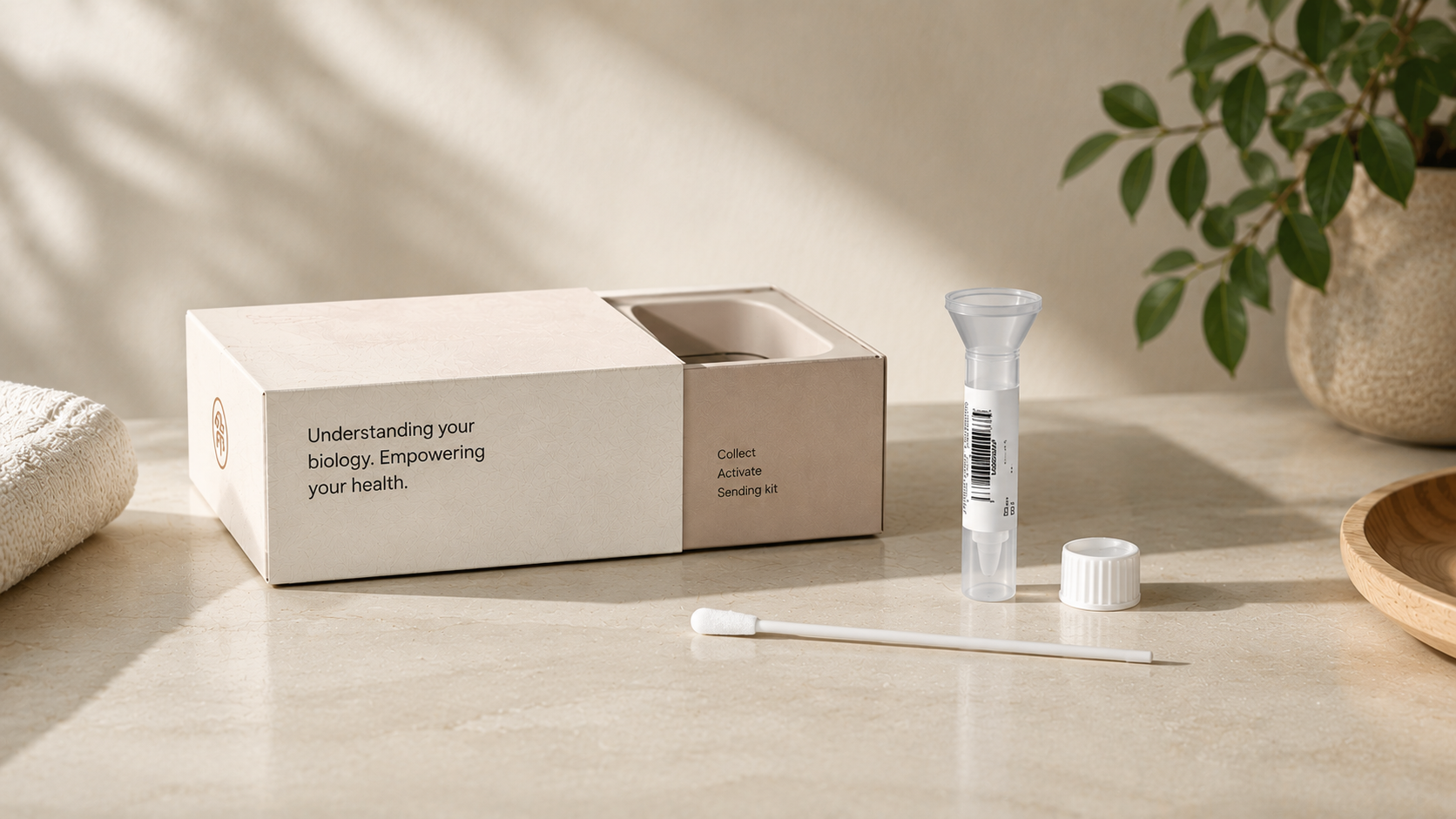 Premium at-home genetic sample collection kit on a refined countertop