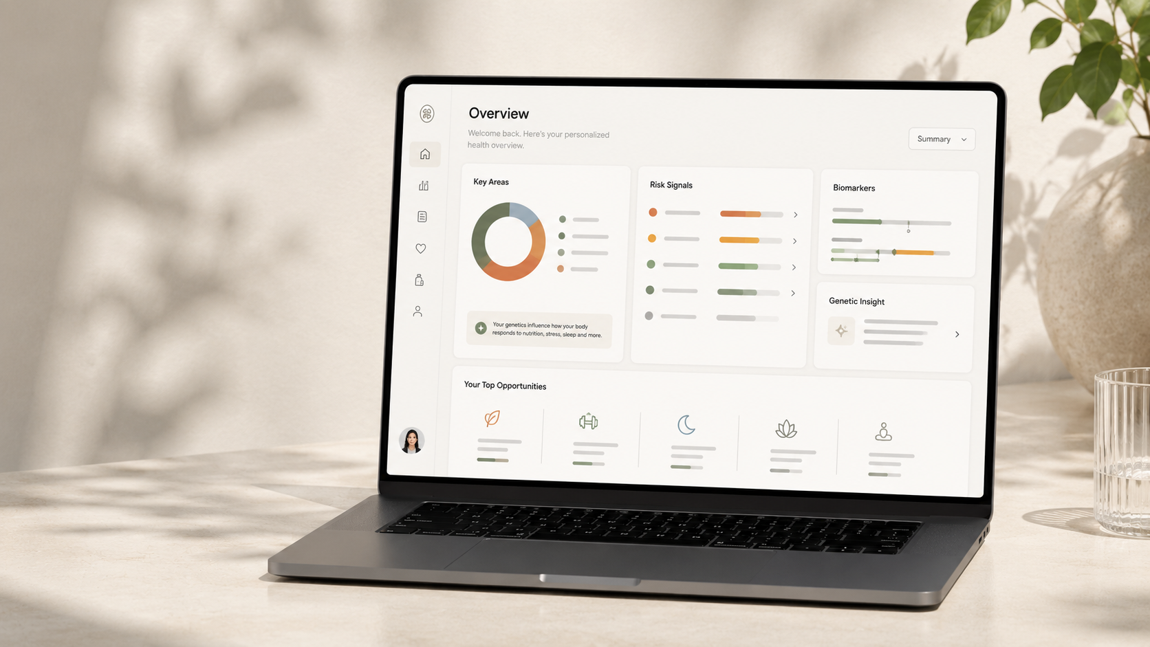 Laptop showing a refined genomic health report interface